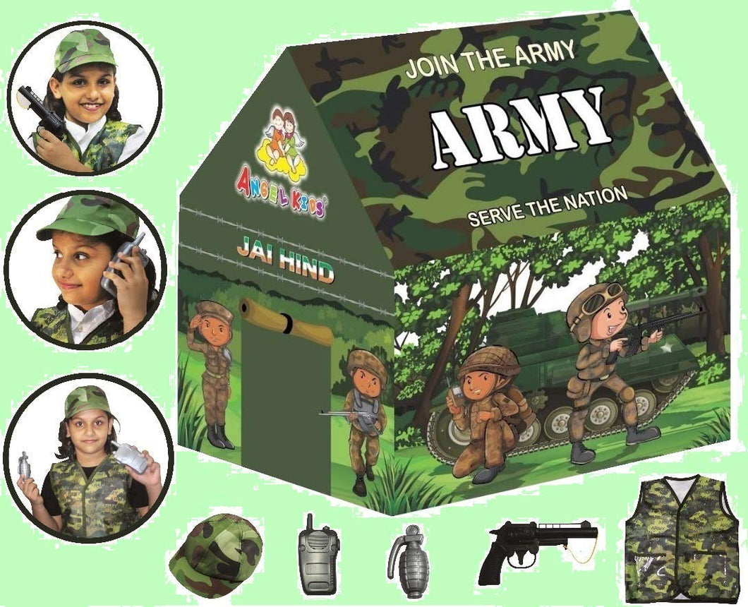 Army Kids Play Tent House Foldable Indoor Outdoor - With Toy Gun, Toy Grenade, Army Jacket And Led Lights Inside-Green