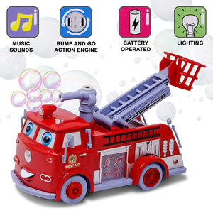 Red Fire Safety Rescue Truck with Emergency Light & Sound. Bubble Blowing Pump and Adjustable Ladder.