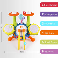 Load image into Gallery viewer, Kids Drum Set, Drum Set for Kids Electric Toys Toddler Musical Instruments Playset Flash Light Toy with Adjustable Microphone, Toys for Boys and Girls