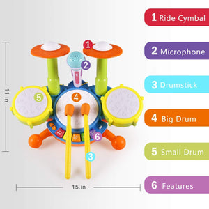 Kids Drum Set, Drum Set for Kids Electric Toys Toddler Musical Instruments Playset Flash Light Toy with Adjustable Microphone, Toys for Boys and Girls