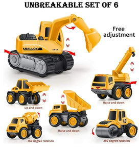 Set of 6 Wheel Metal Construction Trucks Gift Pack Set, Unbreakable Pull Back Friction Powered Engineering Car Construction Vehicle for Kids ,Yellow