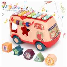 Load image into Gallery viewer, Hai Hai Bus with Shape Sorter Blocks and Piano On The Top Bus Roof Which Works for Real. (Pink)