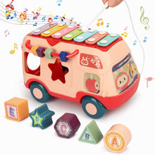 Load image into Gallery viewer, Hai Hai Bus with Shape Sorter Blocks and Piano On The Top Bus Roof Which Works for Real. (Pink)