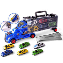 Load image into Gallery viewer, Big Transporter Storage Parking Truck with 6 Metal Alloy Minicars and Ejection Racing Track Car Launcher for Boys and Girls Birthday Gift (Container Truck Ramp)