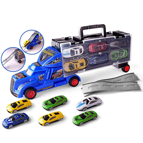 Big Transporter Storage Parking Truck with 6 Metal Alloy Minicars and Ejection Racing Track Car Launcher for Boys and Girls Birthday Gift (Container Truck Ramp)